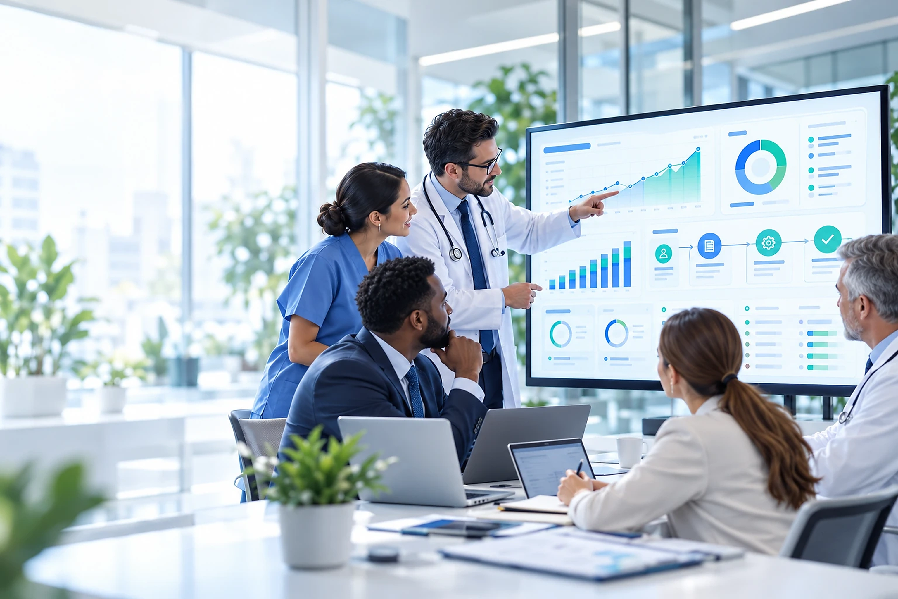 Healthcare team reviewing revenue cycle performance